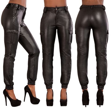 womens black pu leather look trousers ladies cargo stretch pants size 6