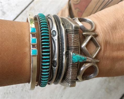 heavy sterling silver cuff bracelet  turquoise bohemian stacking