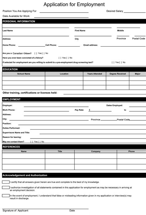 printable application  employment form printable forms