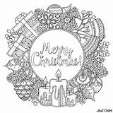 Coloring Christmas Wreath Pages Merry Doodle Adult Adults Candles Frame Round Text Bells Colouring Color Symbols Style Reef Middle Doodl sketch template