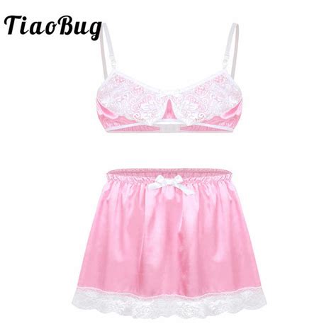 tiaobug men soft satin elastic ruffle crossdressing sissy lingerie set