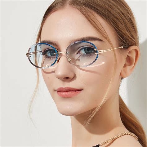 Oval Rimless Sunglasses Women Brand Designer Clear Lens Sun Glasses For