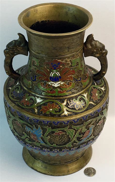 lot antique  japanese brass urn vase cloisonne designs  large dragon handles