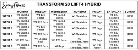 transform  liift hybrid calendar  week schedule workout