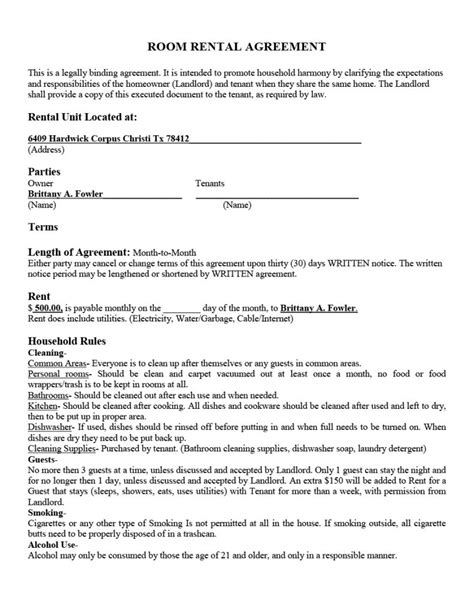 simple room rental agreement templates templatearchive