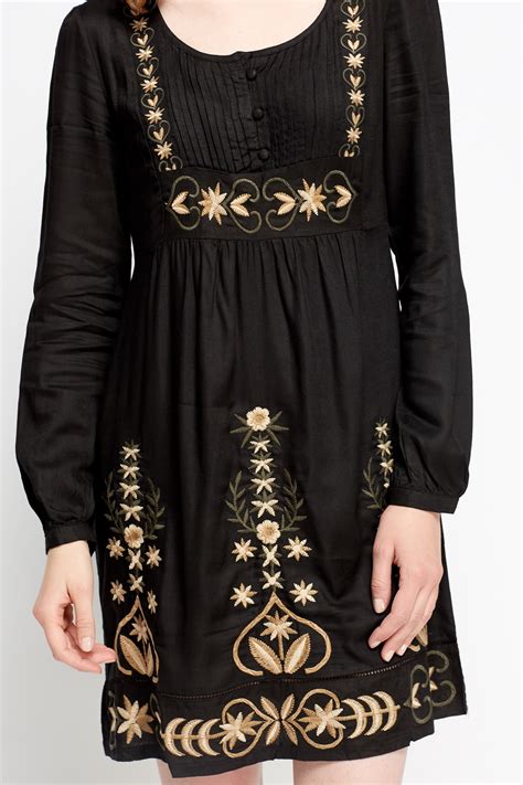 embroidered trim black dress