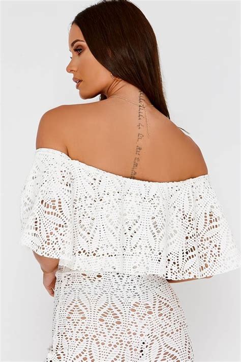 white crochet lace bardot frill crop top in the style