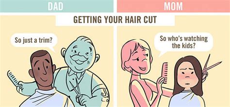 these 5 illustrations show how differently moms and dads are seen in public