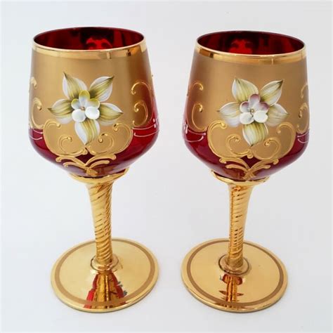2 Murano Glass Wine Goblets Hand Painted Enamel Flowers Red 24k Gold
