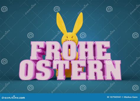 The Words Happy Easter In German Language With A Yellow Bunny In Stock