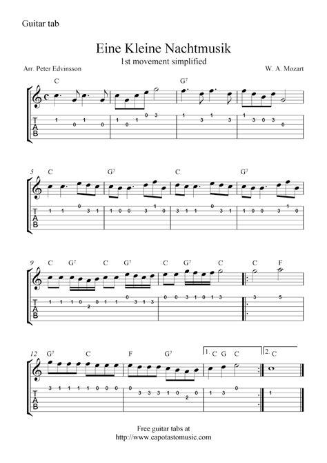 easy sheet   beginners  guitar tablature sheet  notes eine kleine nachtmusik