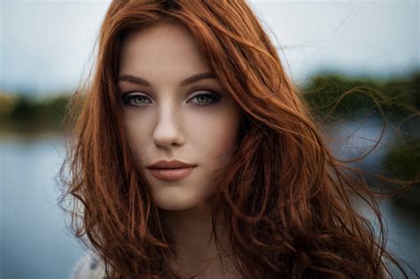 Wallpaper Face Women Redhead Model Long Hair Green