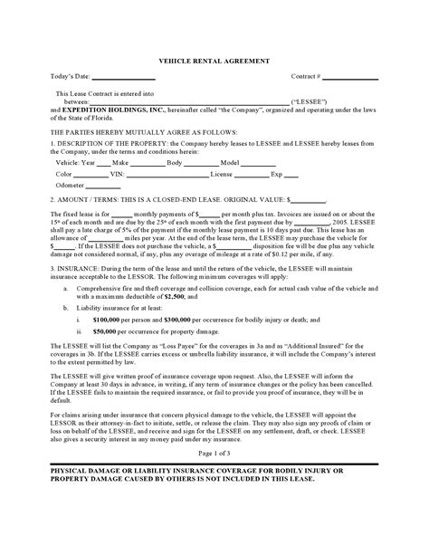 motor vehicle lease agreement template printable form templates