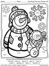 Winter Math Color Multiplication Coloring Number Subtraction Addition Puzzles Snowman Code Printable Snowflake Worksheets Printables Grade Christmas Worksheet Practice Pages sketch template