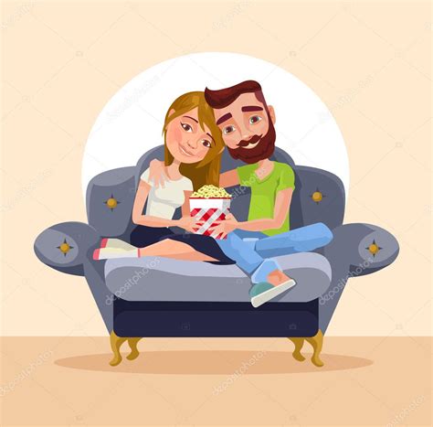 Couple At Home Sitting On Sofa Vector Flat Cartoon Illustration Stock