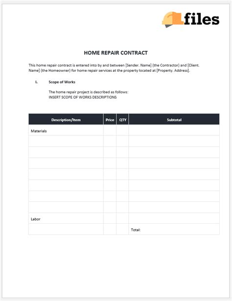 simple home repair contract construction documents  templates