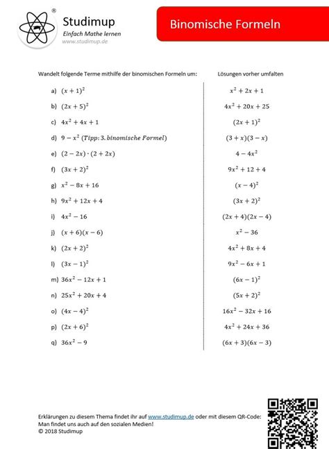arbeitsblatt zu den binomischen formeln die loesungen