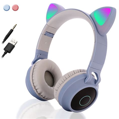 bluetooth headphones eeekit cat ear led light  wireless foldable headphones  ear  aux