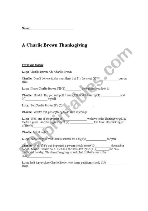 english worksheets  charlie brown thanksgiving