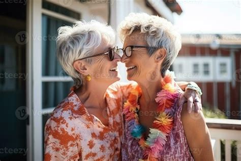 Senior Gay Lesbian Couple Kissing Outside Lgbtq Aged Tourists Having