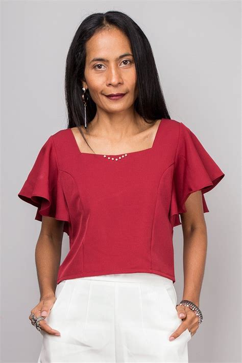 red top short sleeved red top red tunic crop top ruffle sleeve top elegant red top ruffled