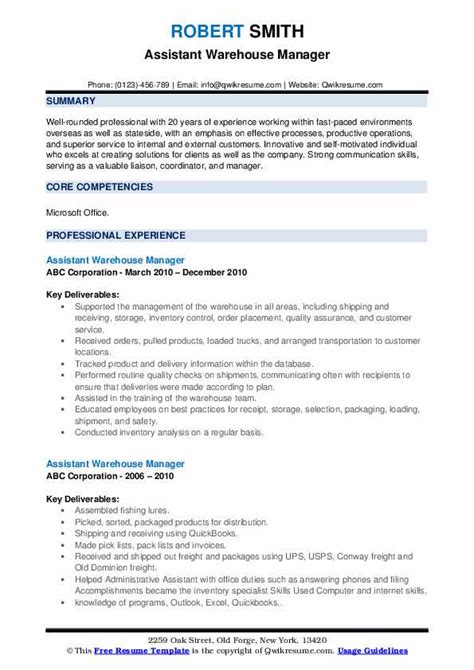 assistant warehouse manager resume samples qwikresume