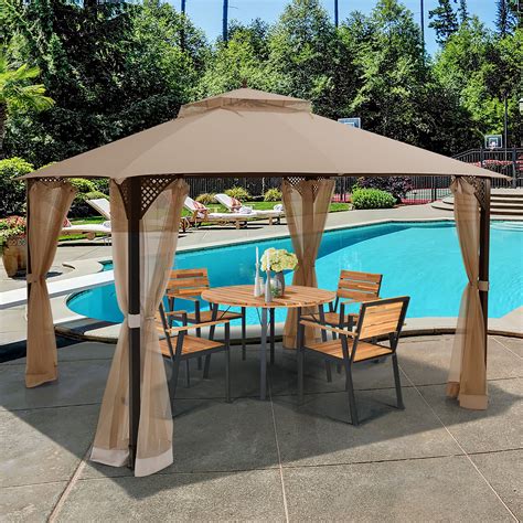 costway    outdoor patio gazebo canopy shelter double top sidewalls netting brown