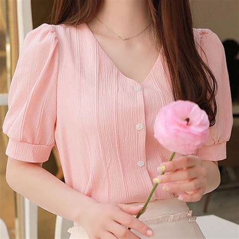 Elegant V Neck Button Puff Sleeve Sweet Blouse Womens Clothing 2024