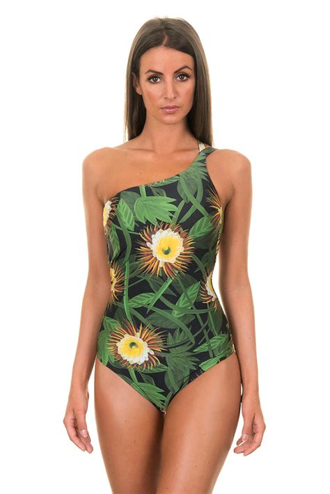 one shoulder one piece swimsuit green with flowers asymmetrical