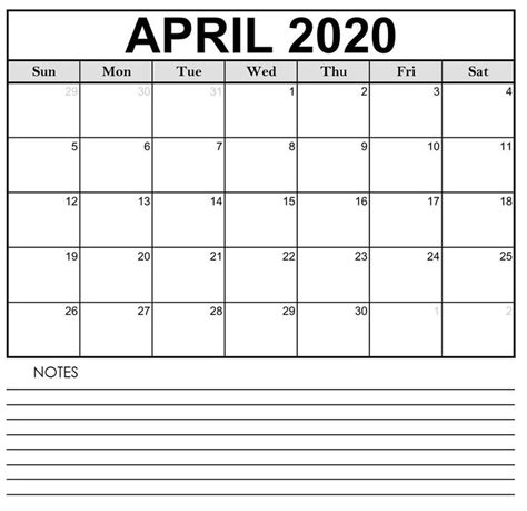 blank april  calendar  notes template printable blank