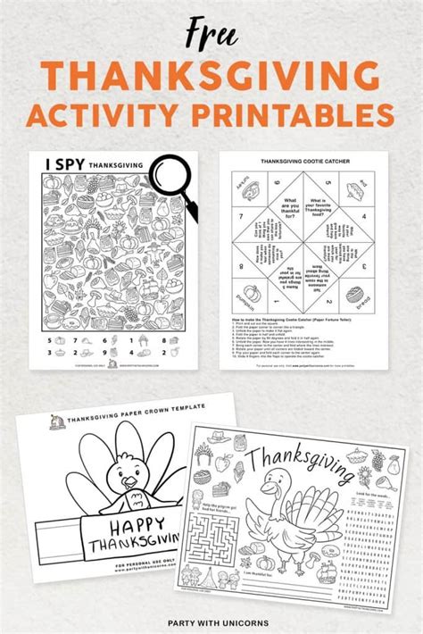 thanksgiving activity printables  downloads party  unicorns