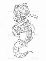 Steampunk Hippocampe Cavalluccio Marino Vettore Colorare Omeletozeu Drawings Horse Adultes sketch template