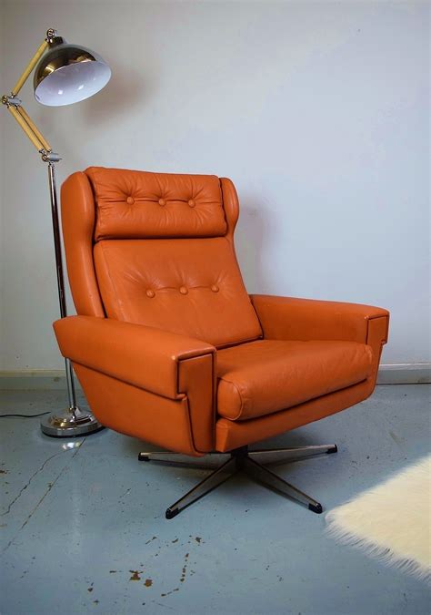 mid century retro danish burnt orange leather swivel lounge arm chair