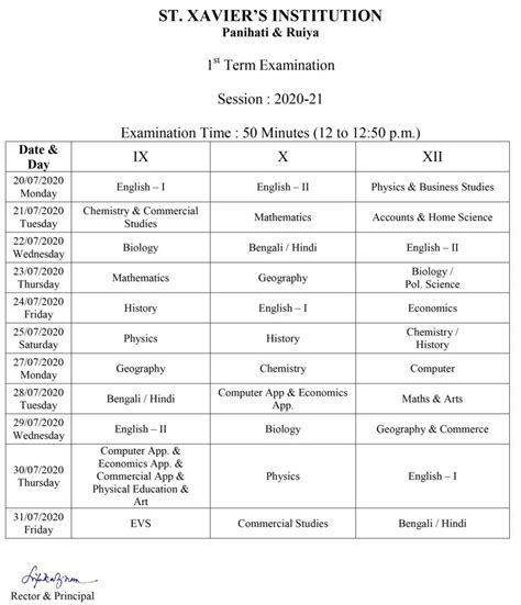 exam time table premier english medium school  kolkata