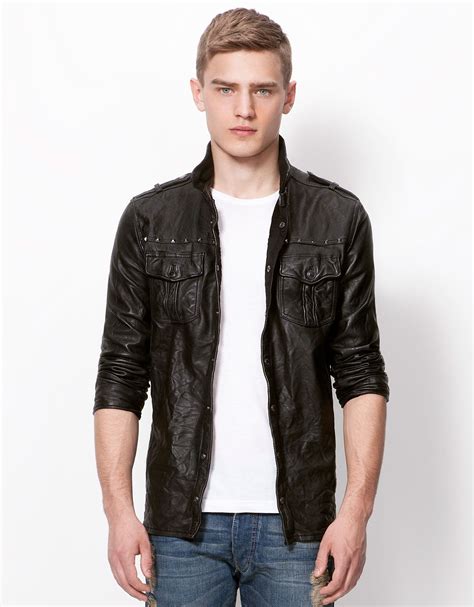 bershka ireland leather overshirt  studs fashion denim jacket leather jacket