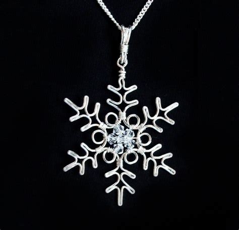 snowflake pendant necklace silver wire wrapped swarovski etsy