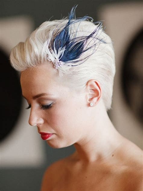Slicked Back With Feather Fascinator Short Wedding Hair Short Bridal