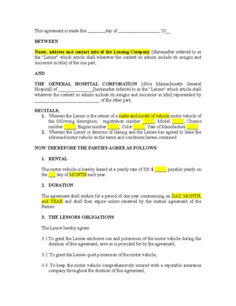 sample auto lease agreement  document template