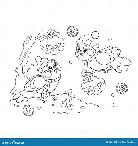 coloring page outline  funny birds  winter stock vector
