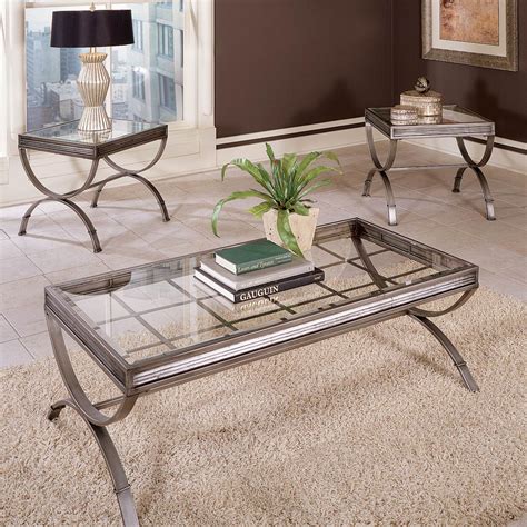 Emerson 3 Piece Coffee Table Set Glass Metal Brushed Nickel Dcg