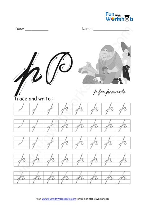 cursive handwriting small letter p  printable worksheets