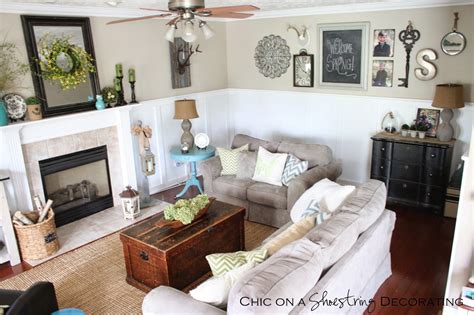 chic   shoestring decorating  farmhouse chic living room reveal