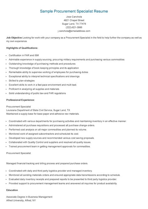 resume samples sample procurement specialist resume