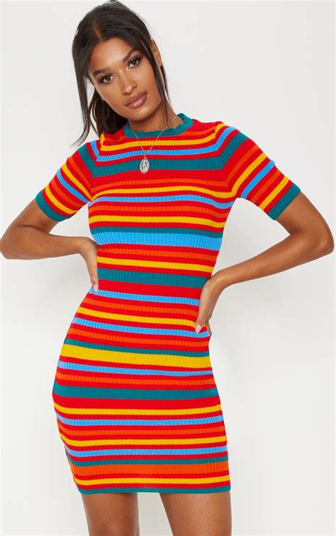 Rainbow Striped Knitted Dress Knitwear Prettylittlething