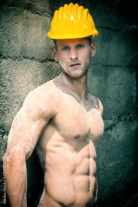Sexy Muscular Construction Worker Shirtless Working Outdoor Wearing