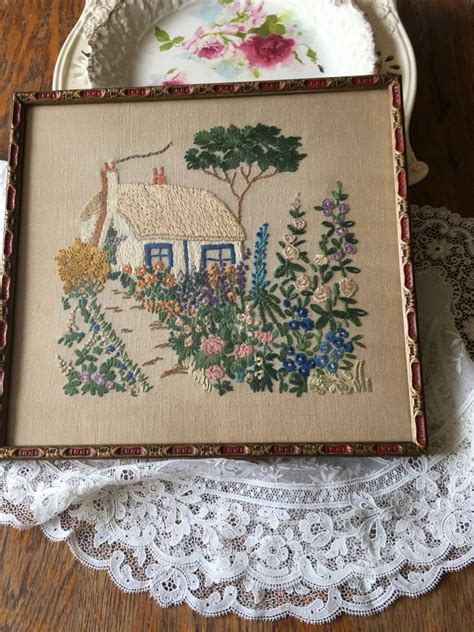 vintage framed embroidered picture  cottage garden glazed etsy uk