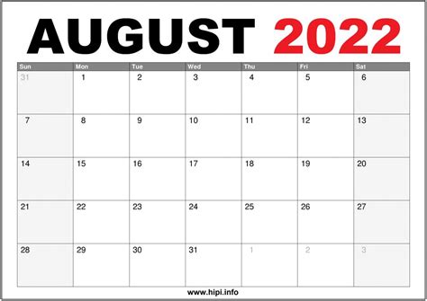 august  calendar printable  hipiinfo