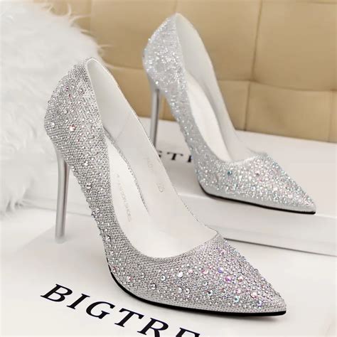 ladies sparkly diamond pointed toe wedding shoes woman rhinestone stilettos sexy silver gold