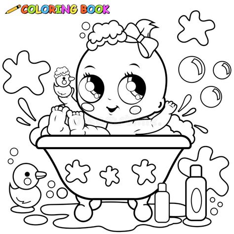 baby girl   tub   bath vector black  white coloring page