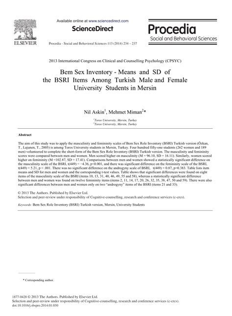 pdf bem sex inventory means and sd of the bsri items among turkish male and female
